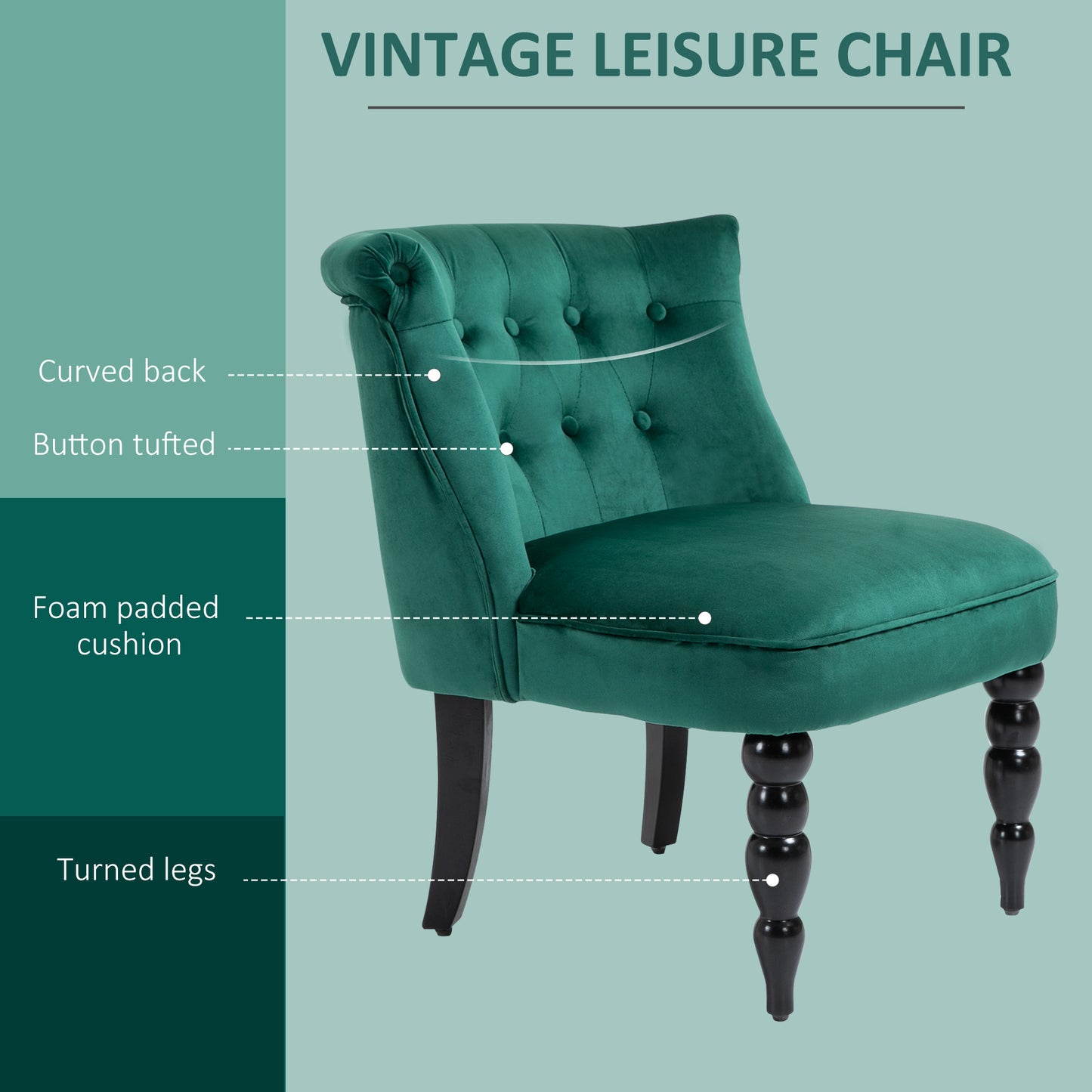 Vintage Leisure Accent Chair with Button Tufted Straight Back Turned Legs Thick Sponge Padding for Living Room Dining Room Study Dark Green