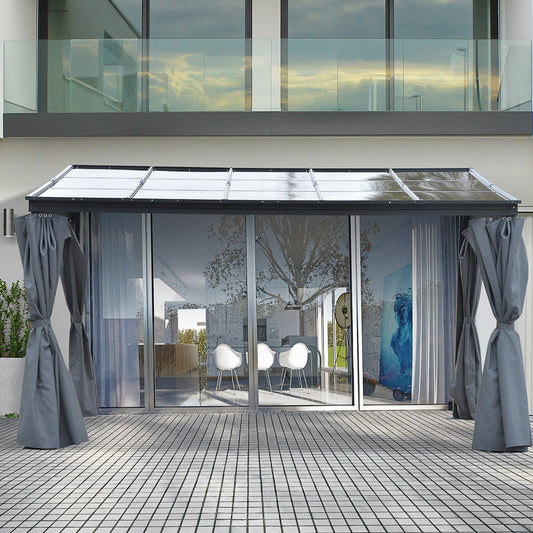 13' x 9.7' Outdoor Hardtop Pergola PC Roof Gazebo Party Tent Garden Sun Shelter Waterproof and UV protection with Curtains, Grey