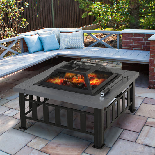 Outsunny 33" Outdoor Square Firepit Steel Stove Portable with Spark Screen Cover Log Grate Poker and Rain Cover for Outside Wood Burning and Camping Black