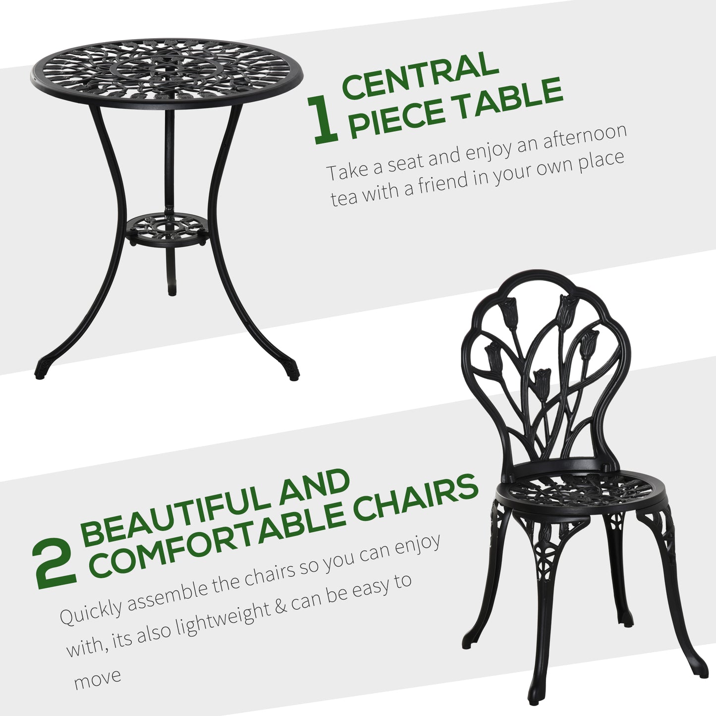 Outsunny 3PCs Patio Bistro Set, Outdoor Cast Aluminum Garden Table and Chairs with Umbrella Hole for Balcony, Black