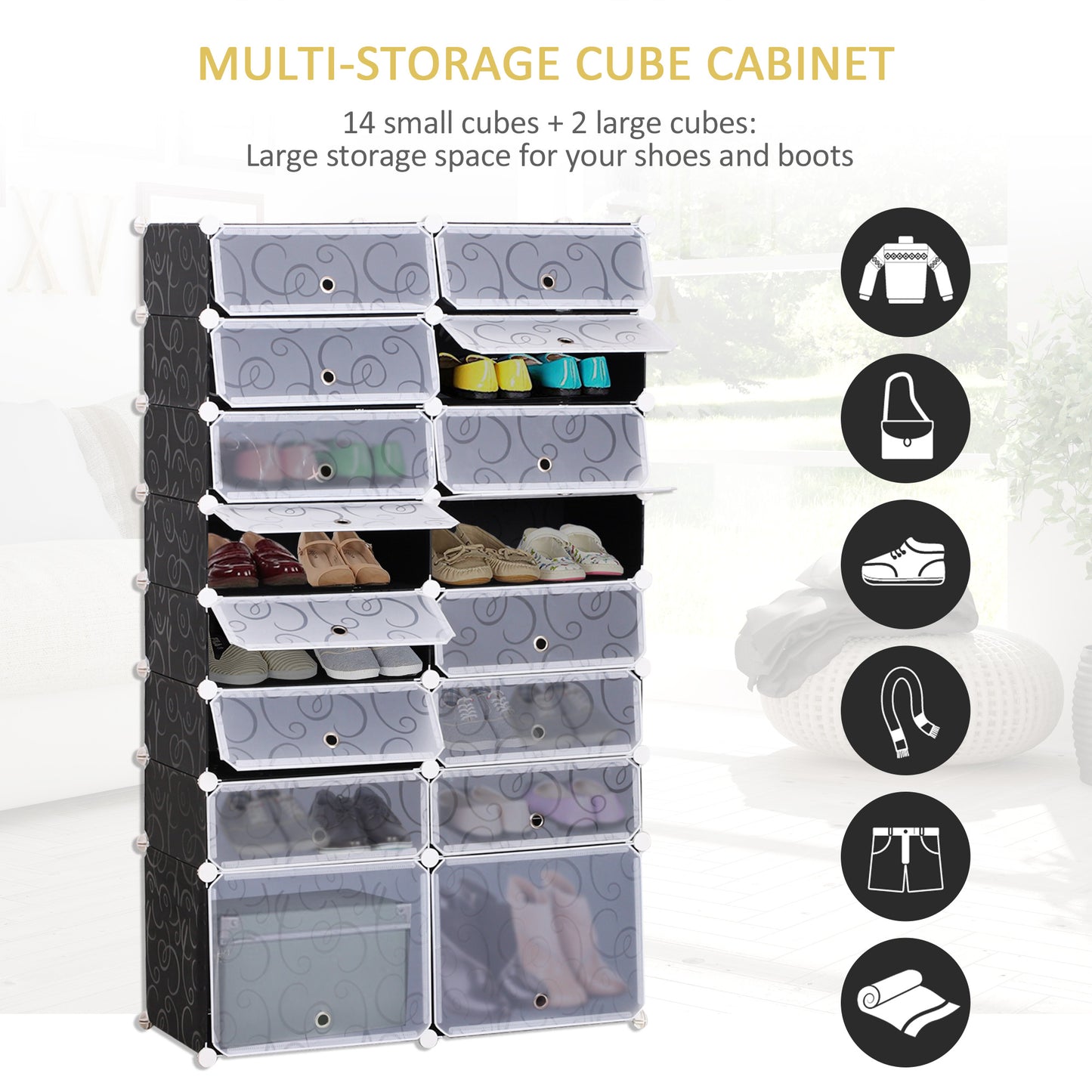 Cube Storage Organizer, 16-Cube Panels Closet Organizer, Modular Storage Cabinet for Bedroom, Black and White