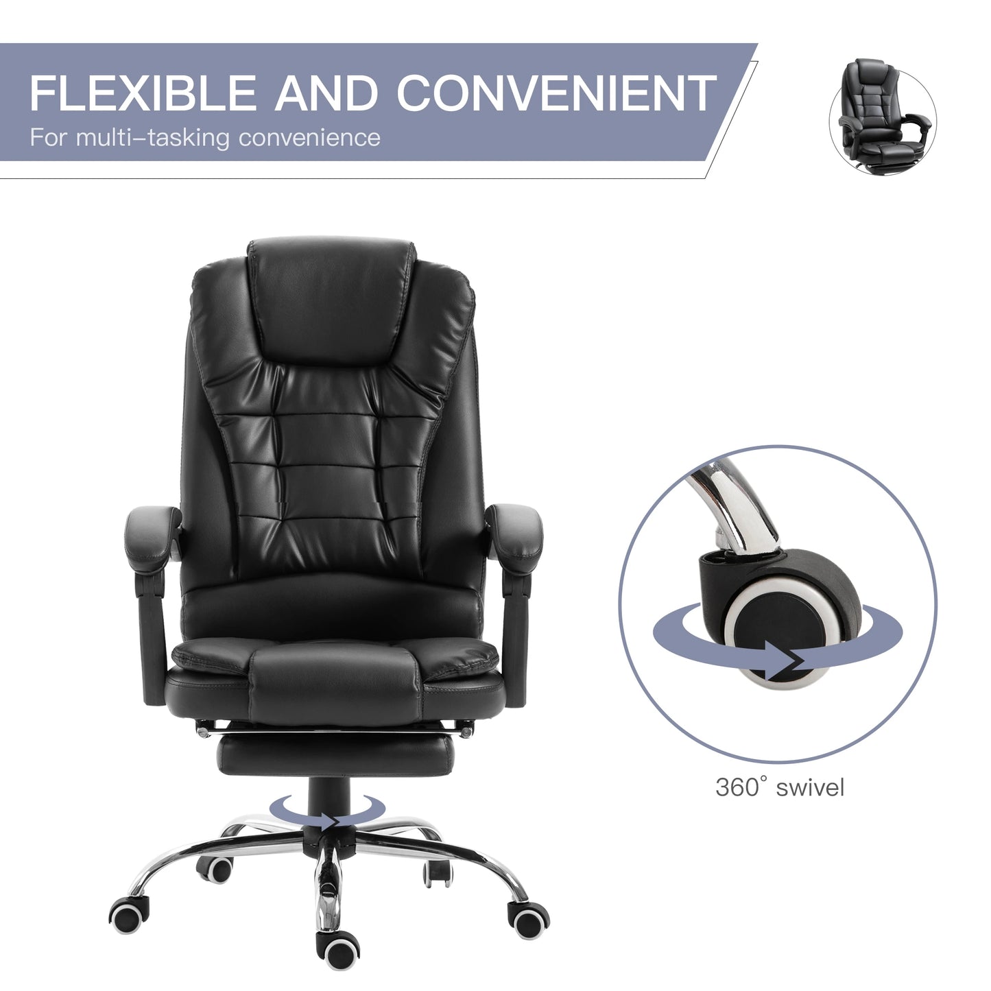 Ergonomic Executive Office Chair High Back PU Leather Reclining Chair with Retractable Footrest Lumbar Support Padded Headrest Armrest Black