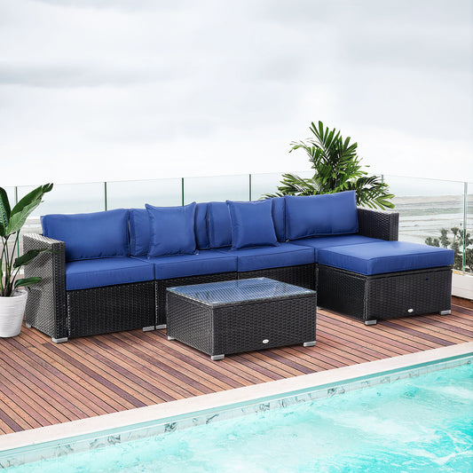 Outsunny 6 Piece Outdoor Patio PE Rattan Wicker Sectional Sofa Deluxe Furniture Set Black and Blue