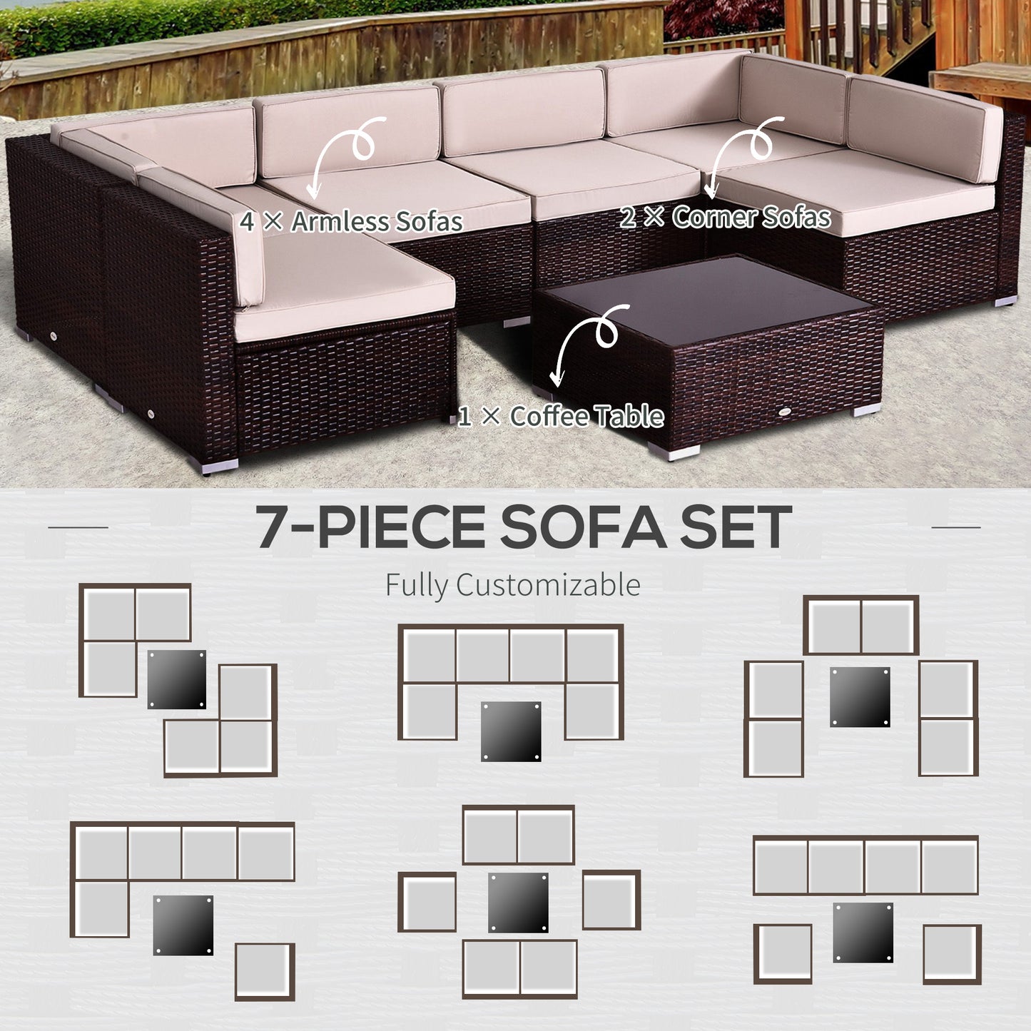 Outsunny 7 Pieces Patio Furniture Set, Outdoor Garden Sofa Set Sectional Set All Weather Rattan Conversation Set, Brown Khaki