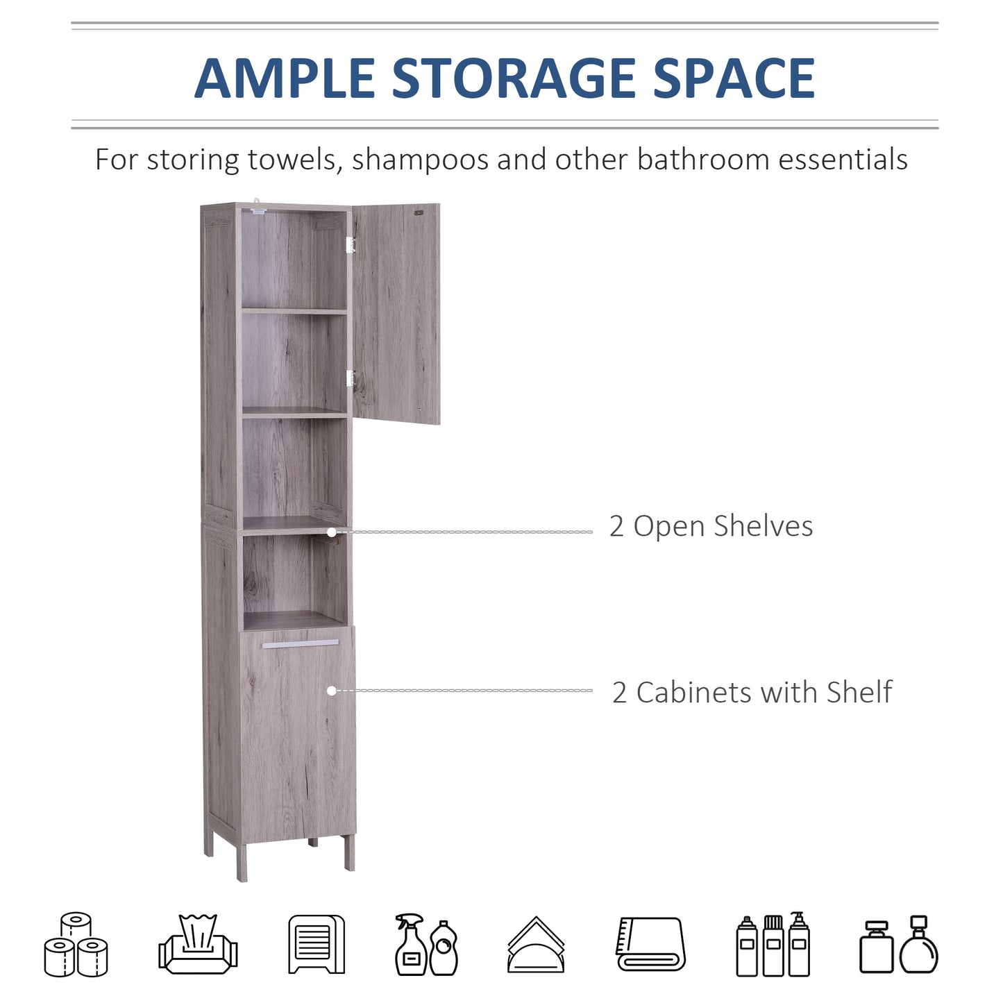 Kleankin Bathroom Storage Cabinet 68'' Organizer Tall Tower Cupboard w/ Shelves Wood Grain Freestanding Furniture