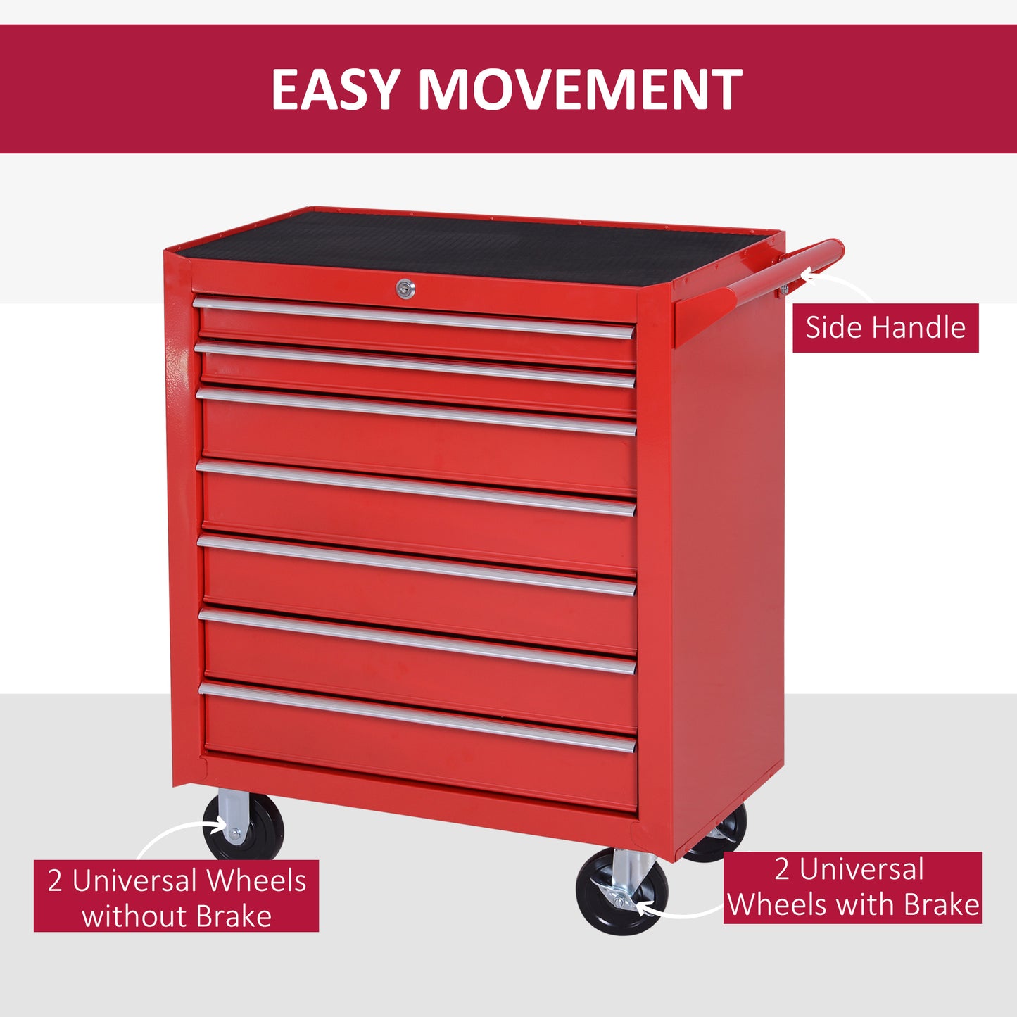 7 Drawer Roller Tool Chest, Mobile Lockable Toolbox, Storage Organizer with Handle for Workshop Mechanics Garage, Red