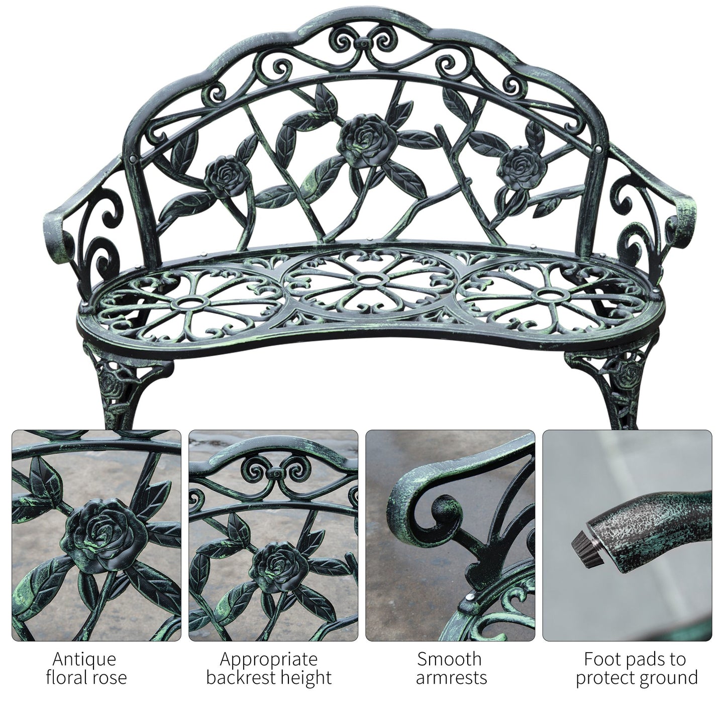 Outsunny 40" Outdoor Garden Bench, Cast Aluminum Antique Rose Style Patio Garden Park Loveseat Bench, Green