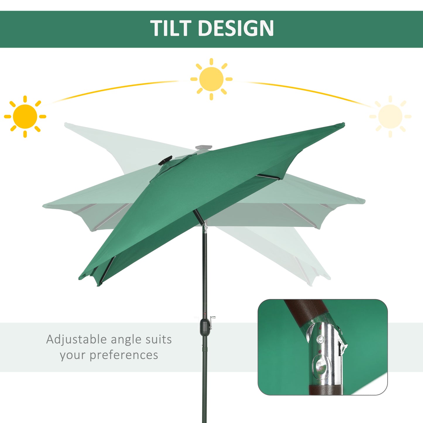 Outsunny 6.5x10ft Patio Umbrella Rectangle Solar Powered Tilt Aluminum Outdoor Market Parasol with LEDs Crank (Dark Green)