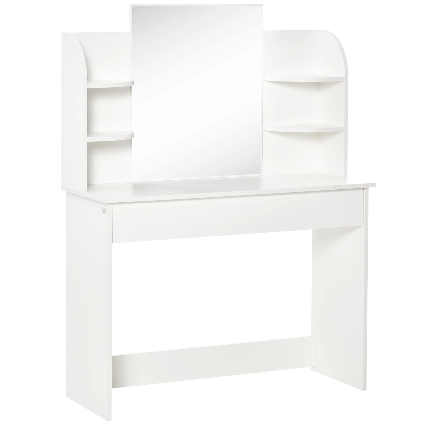 Vanity Table Wood Dressing Table w/ Makeup Mirror, Big Drawers, Open Shelf for Bedroom White