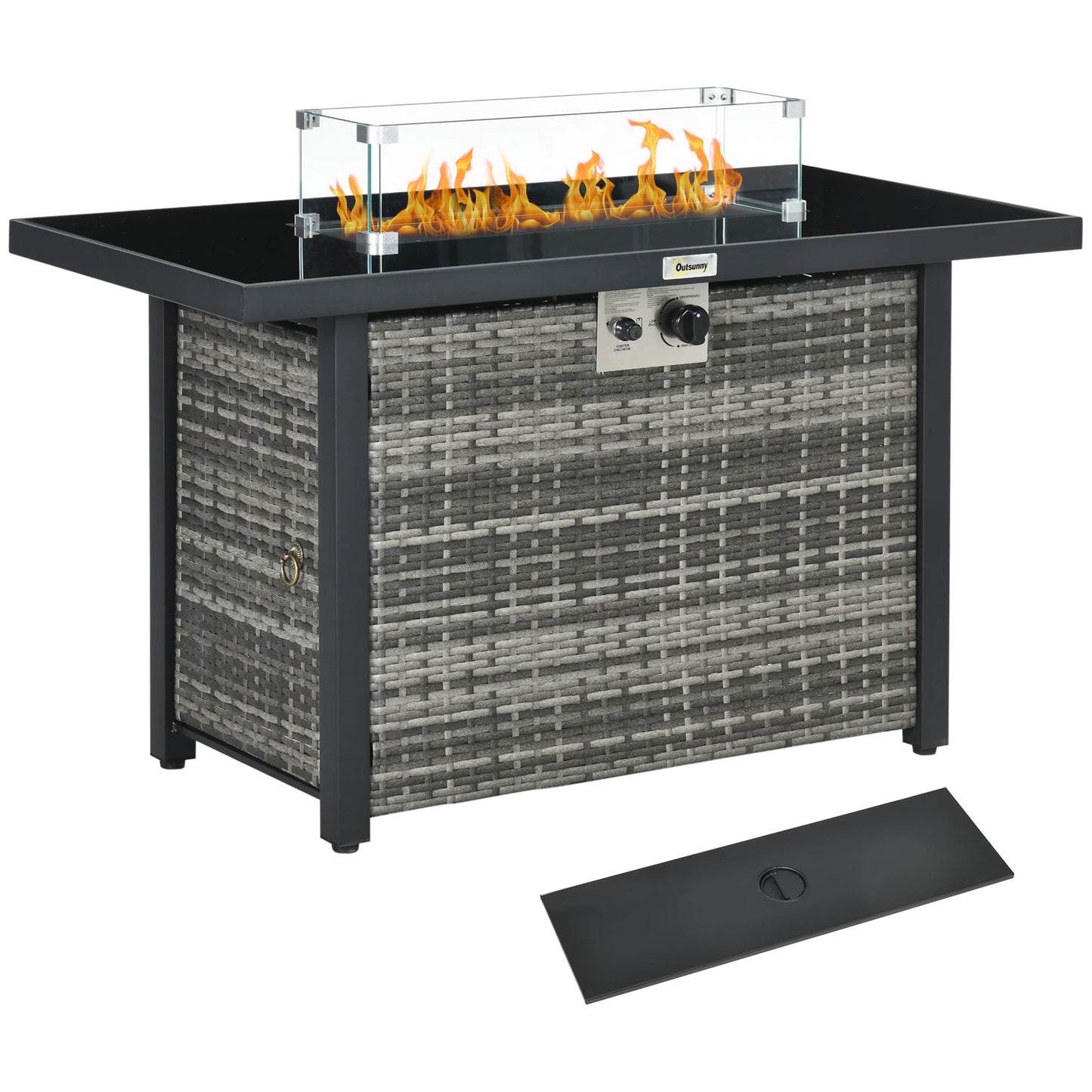 Outsunny Propane Fire Pit Table 43in Outdoor Square Fire Table, 50,000 BTU Pulse-Ignition Wicker Firepit Furniture with Glass Wind Guard, Blue Glass Rock, CSA Certification, Gray