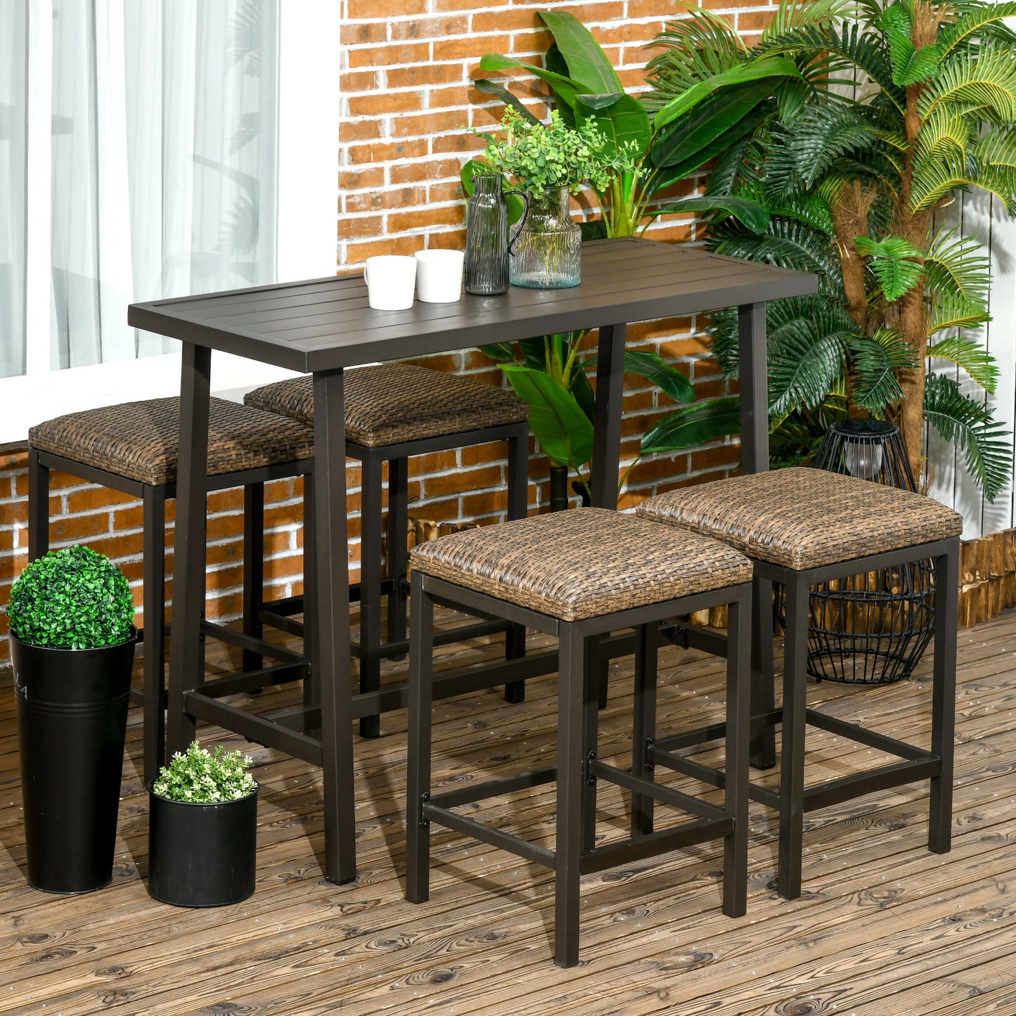 Outsunny 5 Pieces Patio Bar Set with 4 Stools, Outdoor Furniture Set for with Rattan Seat, Slatted Steel Table Top for Garden, Balcony, Backyard, Brown