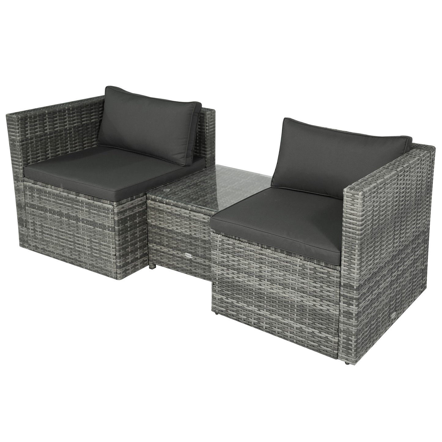 Outsunny 3 Pieces Patio PE Rattan Bistro Set Cushioned Armchair Sofa and Coffee Table Outdoor Furniture