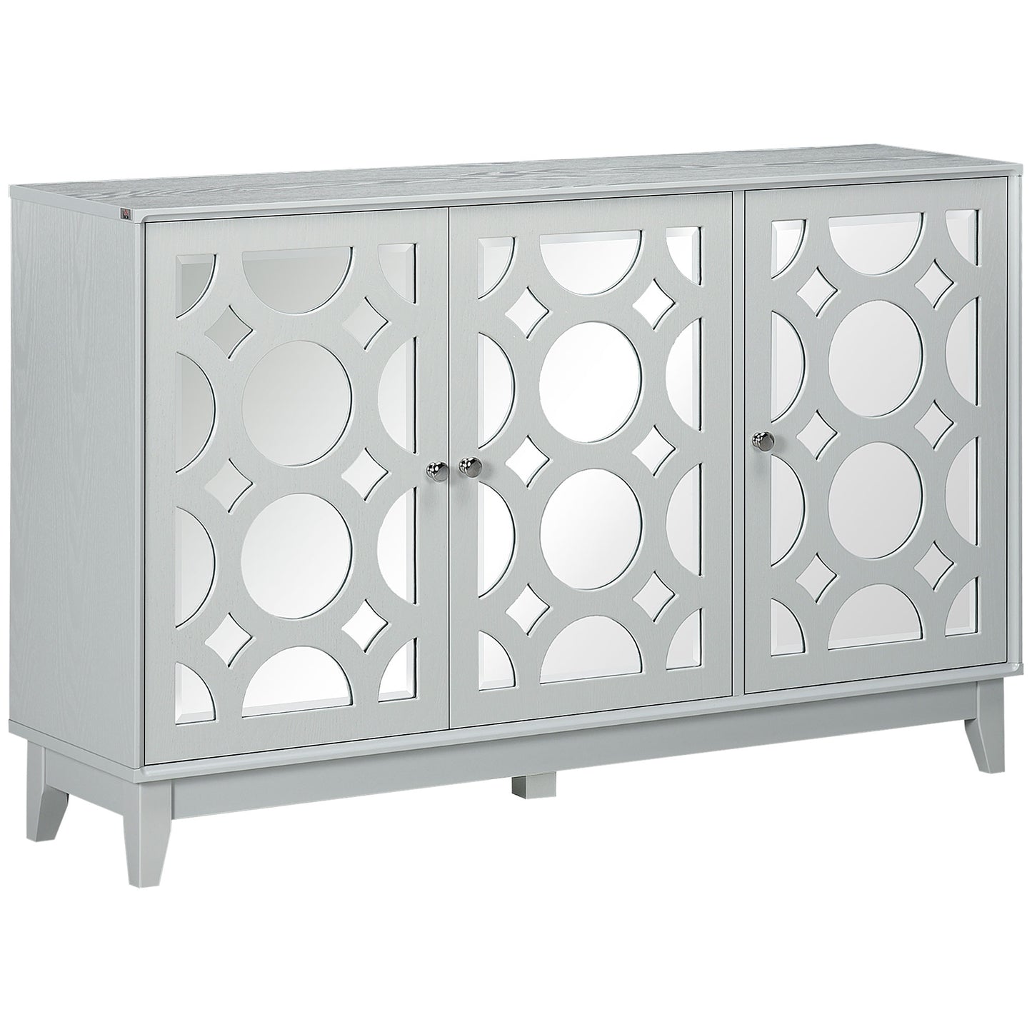 Sideboard Buffet with 3 Mirrored Doors, 2 Cabinets and Adjustable Shelf, Gray