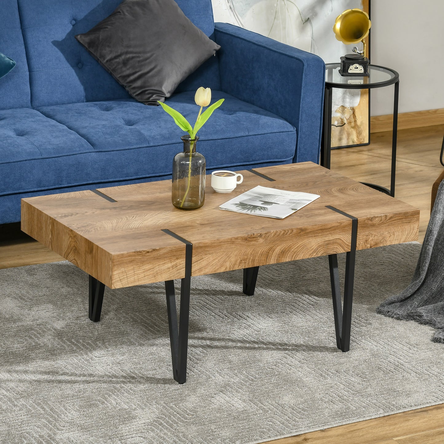 Rustic Coffee Table, Rectangle Nature Cocktail Table with Steel Hairpin Legs for Living Room