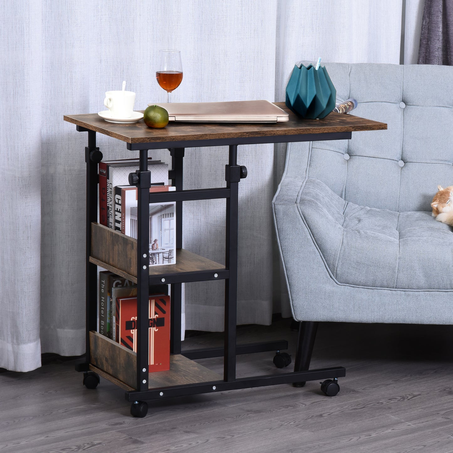 ndustrial Mobile Sofa Side Table C-Shaped Rolling Cart with 3-Tier Storage Shelving, Adjustable Height, Wheels