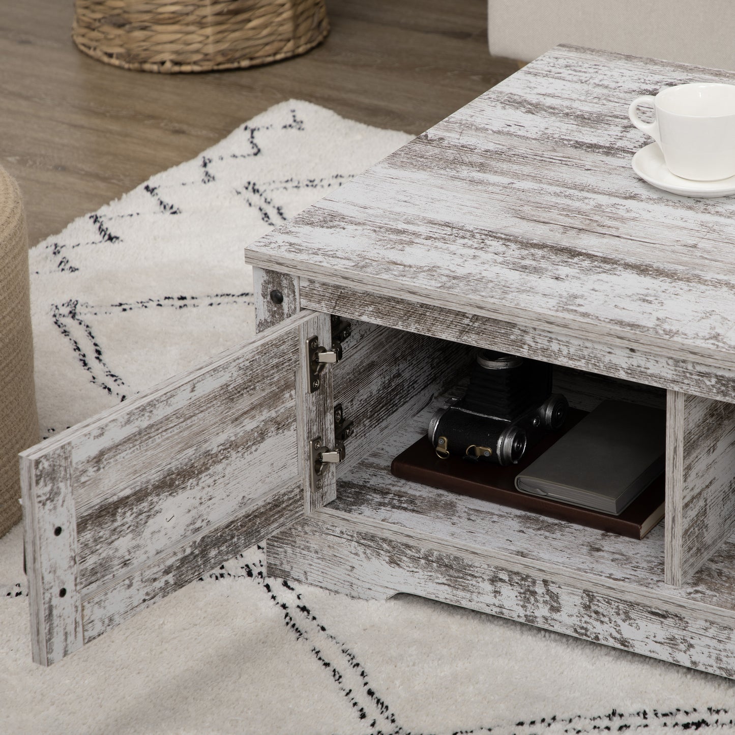 Coffee Table, Vintage Style Tea Table with Cabinet, Open Storage Compartments, Coffee Tables for Living Room, Bed Room, White