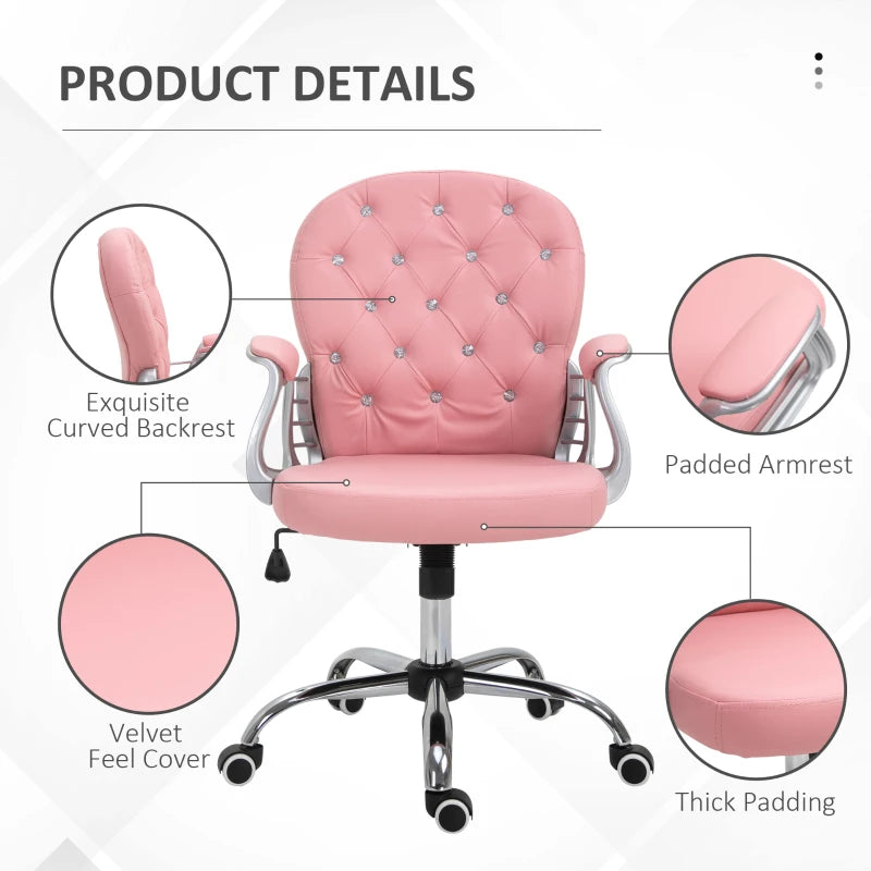 Vinsetto 360° Swivel Office Chair Vanity Style Tufted Backrest Task Chair with Height Adjustable, Armrests and Thick Padding, Pink