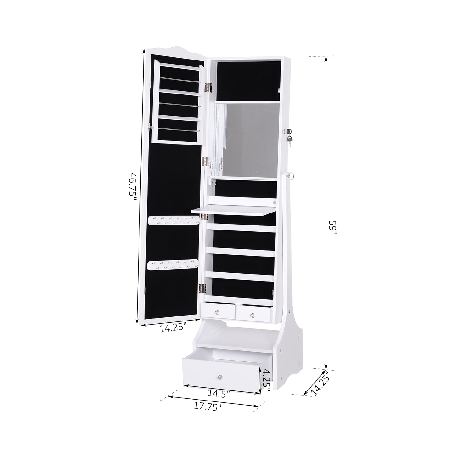 Standing Jewelry Cabinet Organizer Jewelry Armoire with LED Lights, Full Length Mirror, Adjustable Angle, White