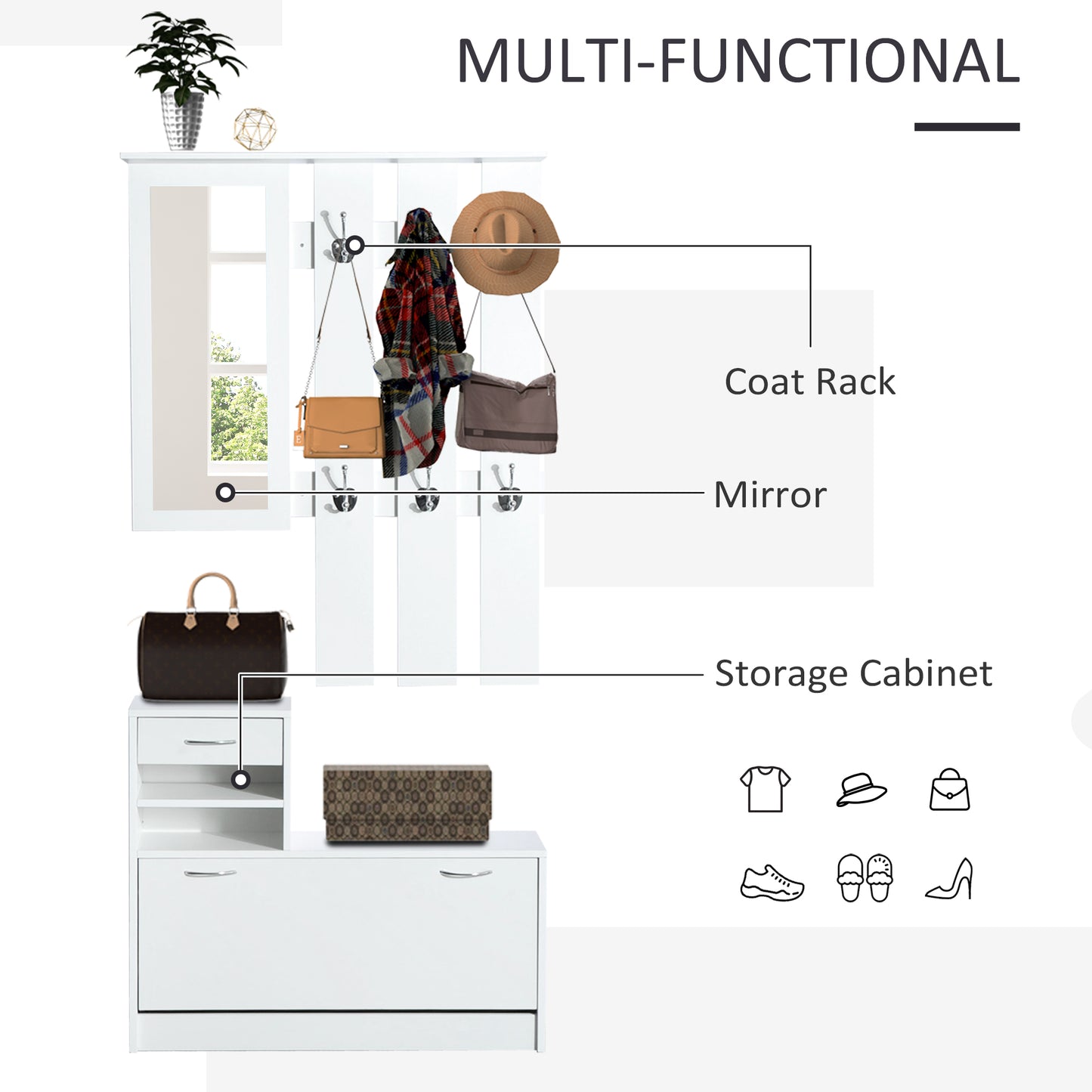 Entryway Organizer Unit 3 In 1 Design Hall Tree with Coat Rack Shoe Storage Shelf Mirror for Hallway Livingroom White