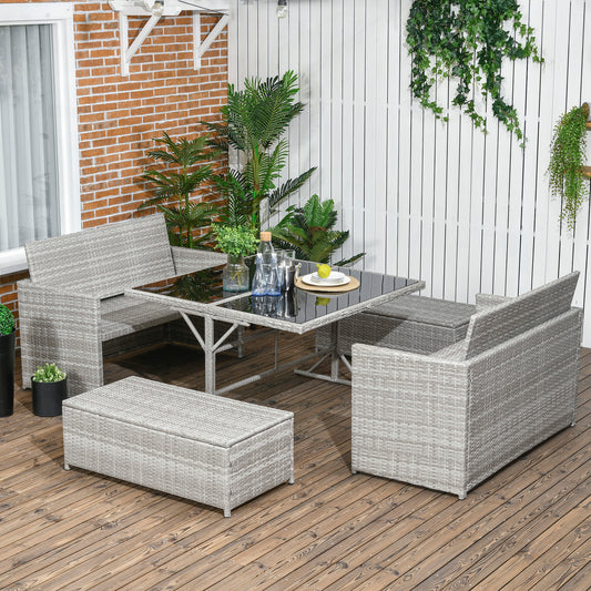 Outsunny 5 Pieces Wicker Patio Dining Set, Conversational Rattan Loveseat Sofa, Ottoman and Dining Table, 6-seater Outdoor Furniture Set with Tempered Glass Tabletop and Cushions, Gray