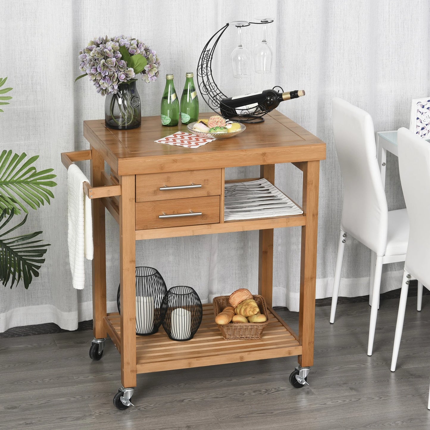Bamboo Rolling Kitchen Island Trolley with Drawers & Shelves
