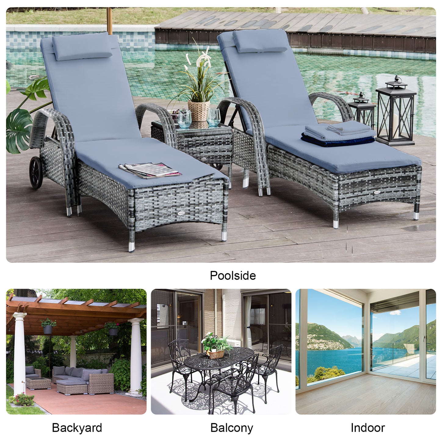 Outsunny 3 Pieces Patio Rattan Chaise Lounge Set, Outdoor PE Wicker Reclining Lounger Furniture Set, Adjustable Portable with Wheeled & Side Table, Grey