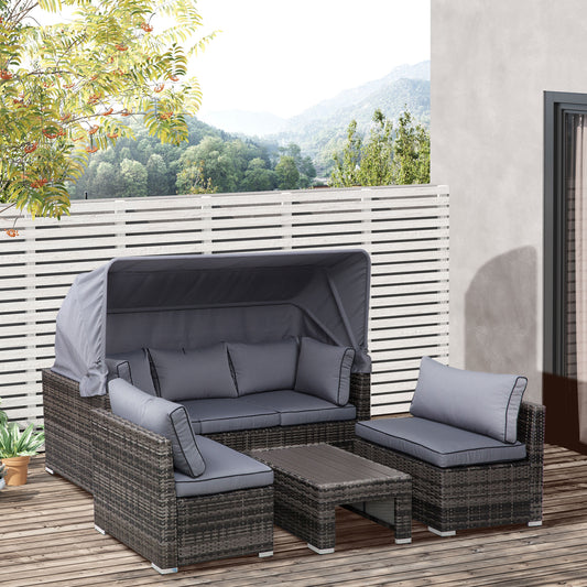 Outsunny 4-Piece Outdoor Rattan Wicker Sofa Set Patio Furniture Sets with Retractable Sun Canopy, Deep Soft Cushions & Classic Design, Grey