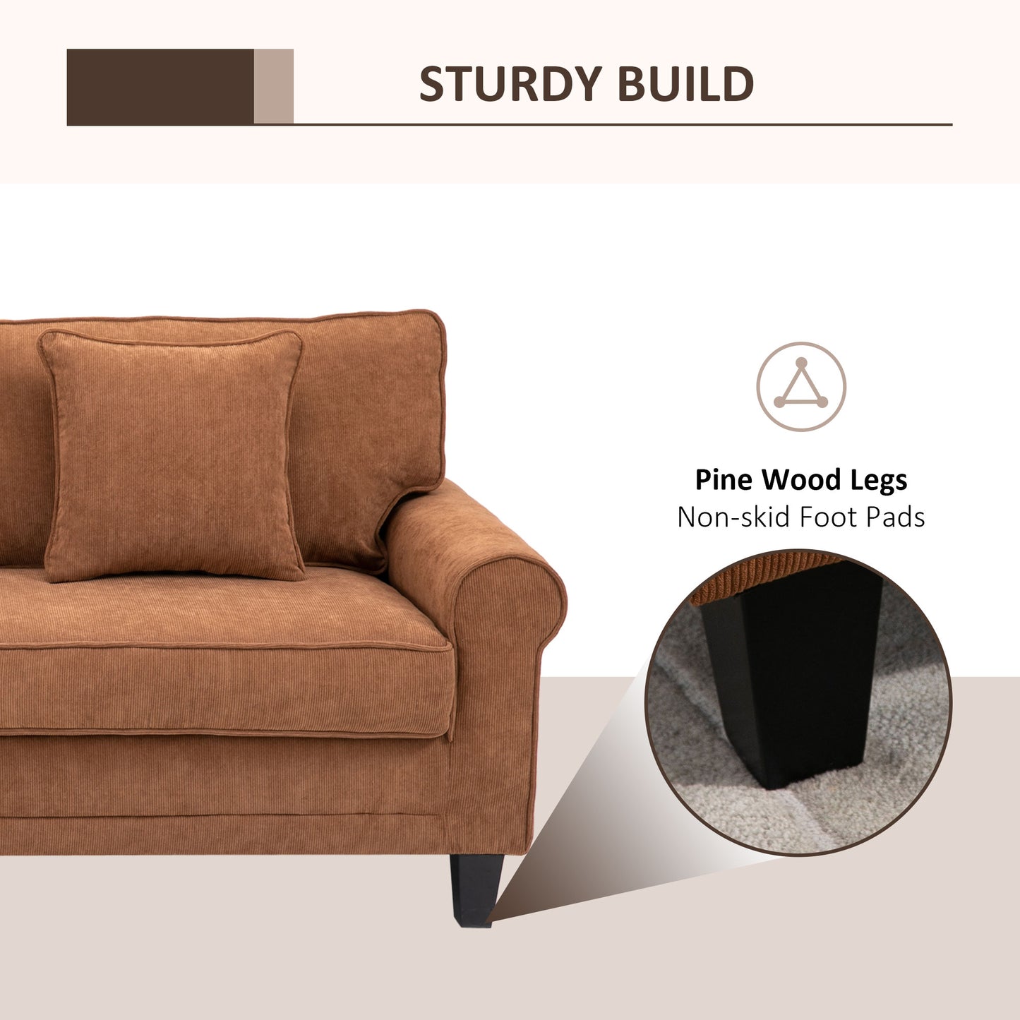 Modern Classic 3-Seater Sofa, Corduroy Fabric with Pine Wood Legs, Rolled Arms, Brown