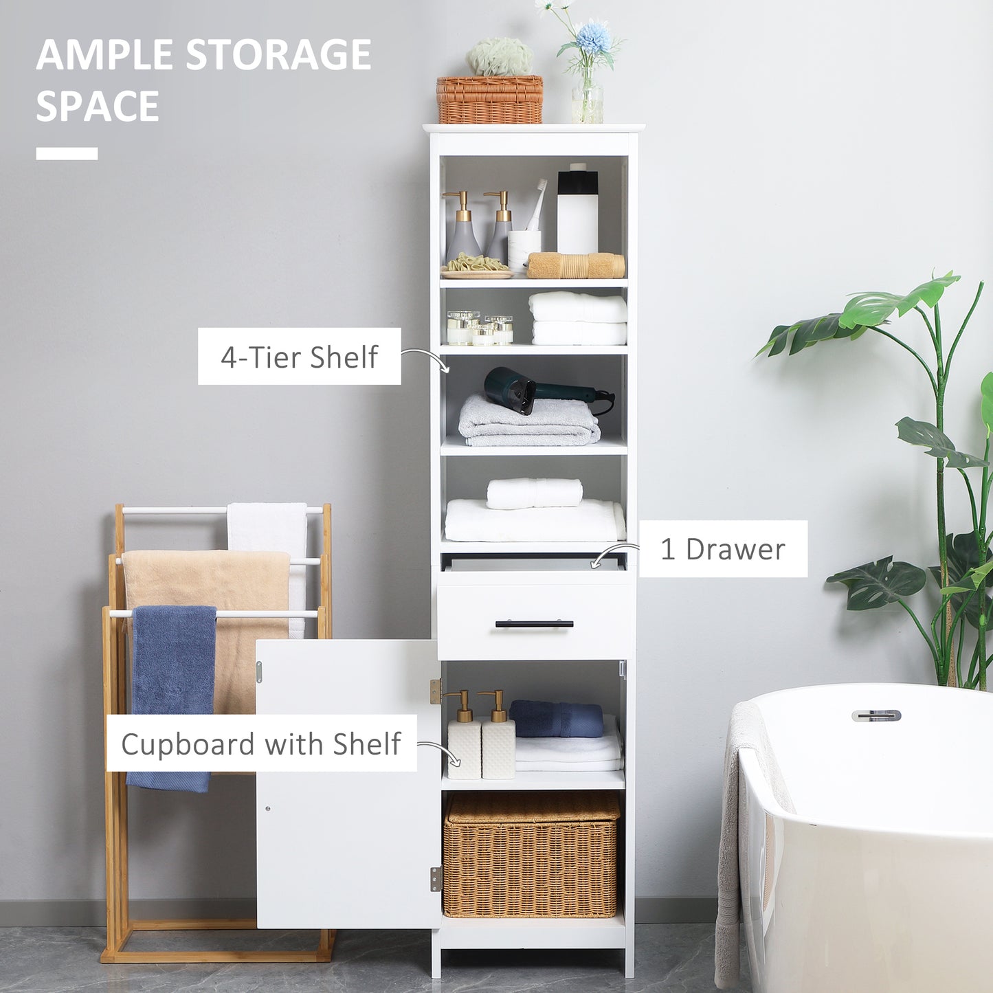 Tall Bathroom Storage Cabinet, Free Standing Bathroom Cabinet Slim Side Organizer w/ 3-Tier Open Shelf, Cupboard, Door, and Drawer, White