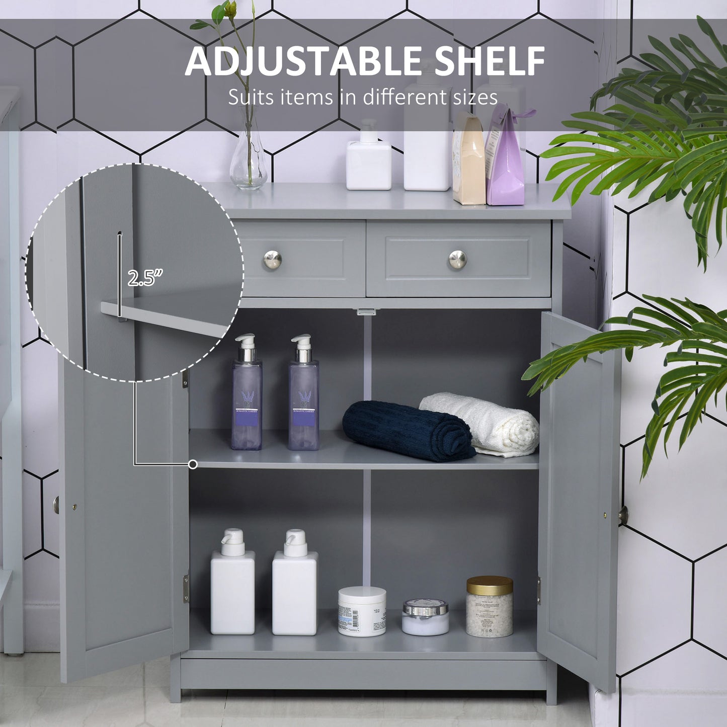 Freestanding Bathroom Storage Cabinet Organizer Floor Tower with 2 Door, 2 Drawers, Adjustable Shelf, Grey