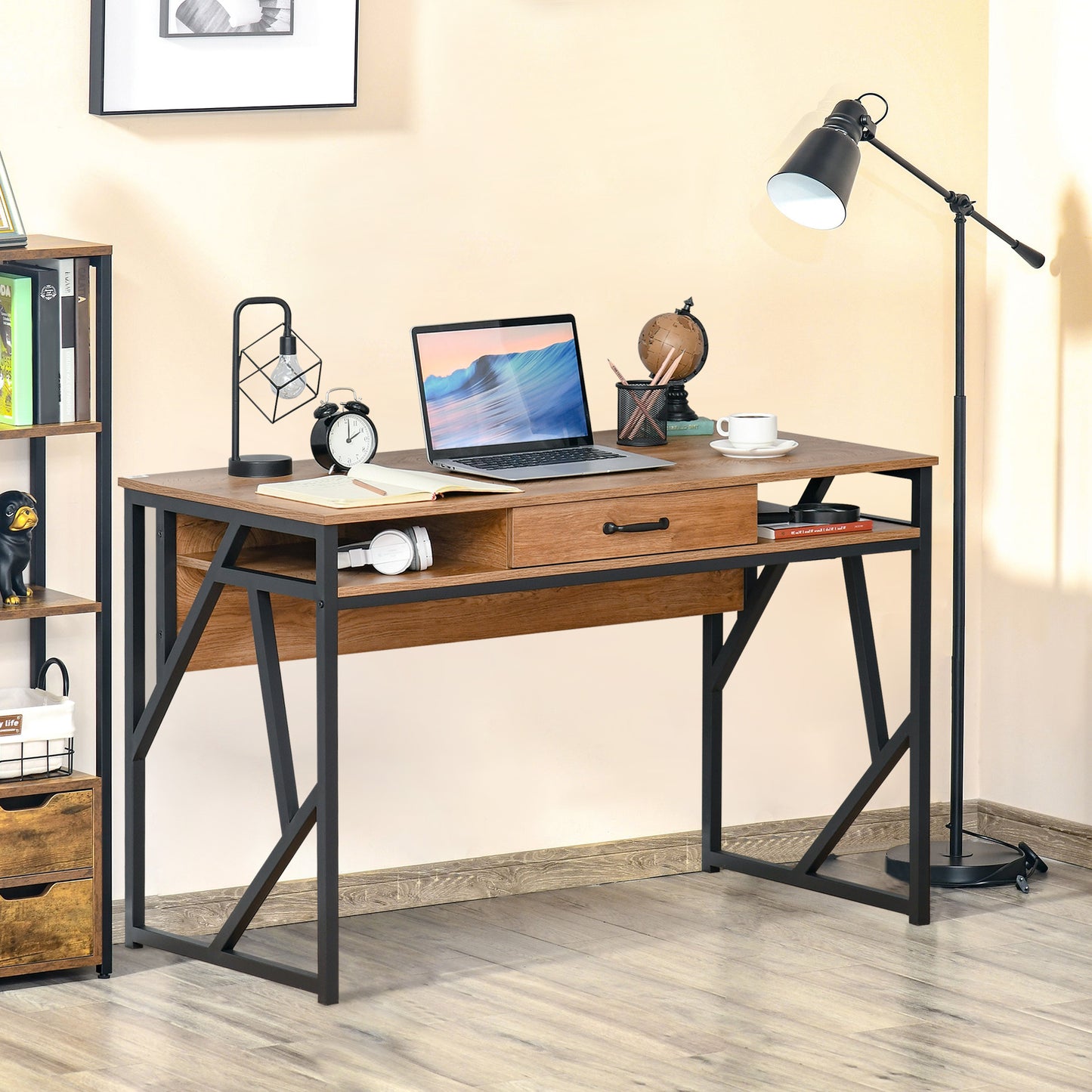 47.25 Inches Home Office Computer Writing Desk, Corner Workstation, Laptop Table with Steel Leg, Drawer and Storage Shelf for Living Room, Bedroom, Study, Brown and Black