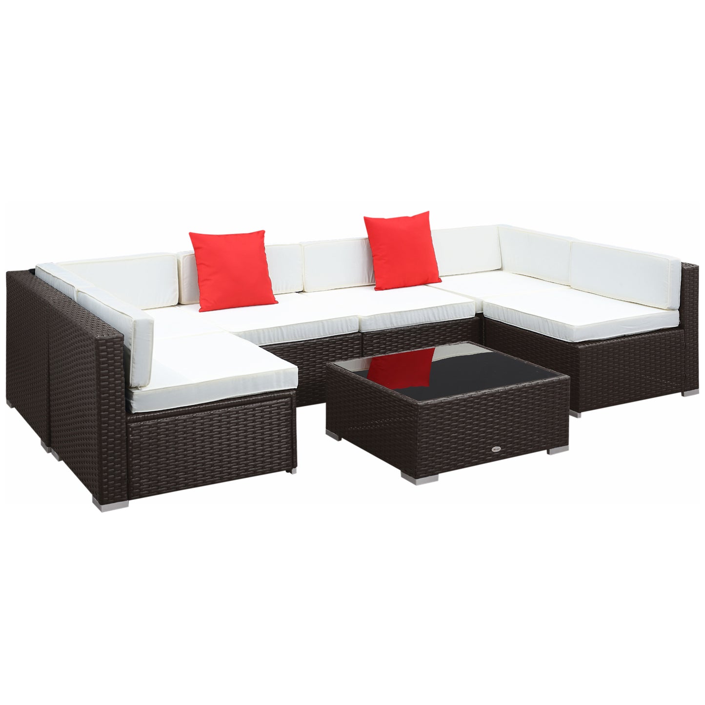 7 Pieces Garden Wicker Sectional Sofa Lounge Set All Weather Patio Outdoor Furniture with Cushion, Dark Coffe & Cream White