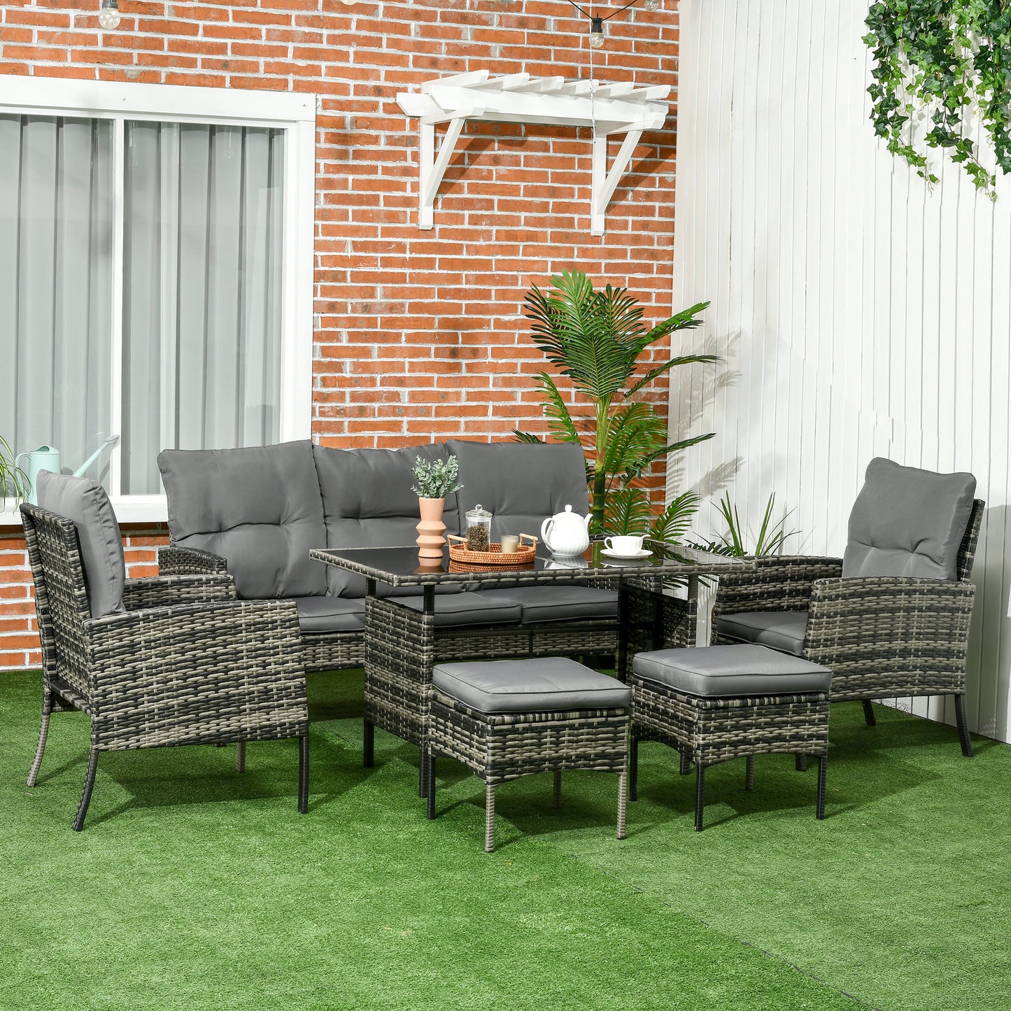 Outsunny 6 Piece Outdoor Patio Furniture Set with Patio Chairs, Ottomans, Sofa, Glass Table and Cushions, Sectional Wicker Rattan conversation set for Backyard, Porch, Gray