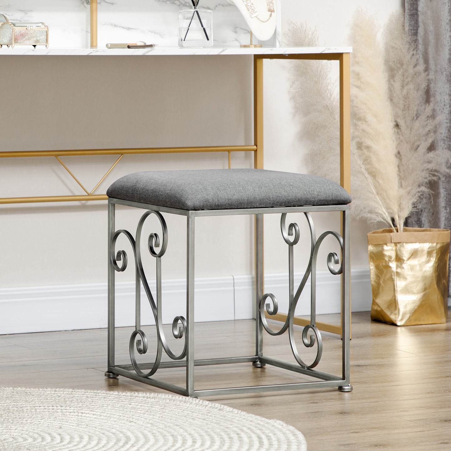 Vintage Foot Stool, French Ottoman with Linen Touch Fabric Upholstered Seat and Steel Base, Vanity Stool for Bedroom, Living Room, Grey