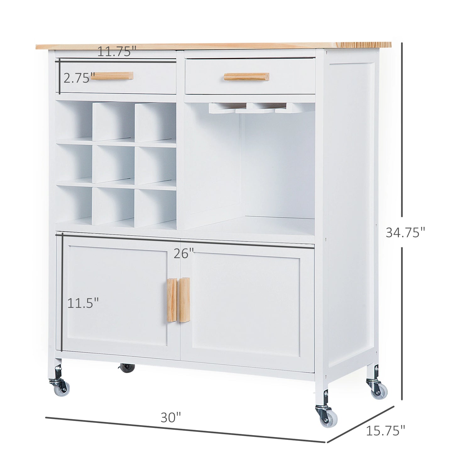 Portable Kitchen Trolley with Bamboo Top Storage Cabinet and Wine Rack (White)