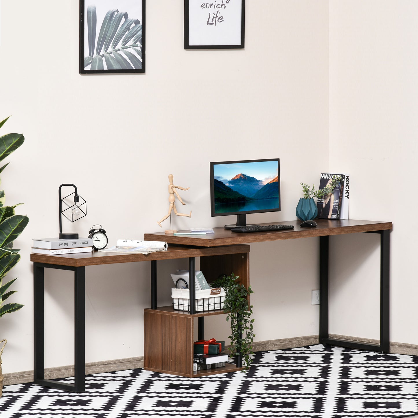 Corner Rotating L-Shaped Office Table Computer Desk with Storage Shelf Brown