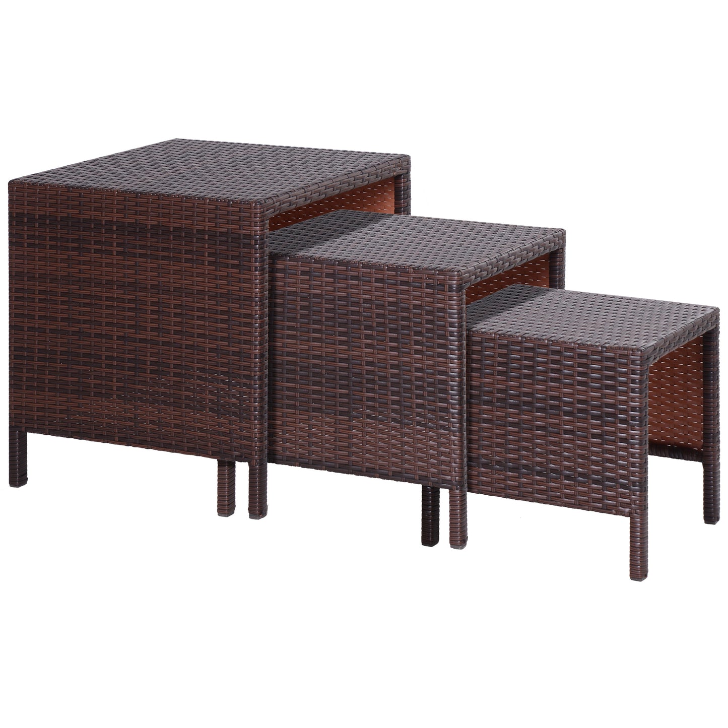 Outsunny Set of 3 Wicker Nesting Tables Patio Rattan Snack End Side Tables Hand Woven All Weather Garden Outdoor Home Furniture Brown