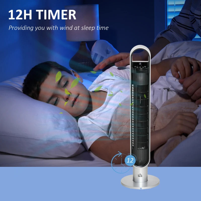 Freestanding Tower Fan Cooling for Home Bedroom with Oscillating, 3 Speed, 12h Timer, LED Sensor Panel, Remote Controller, Silver