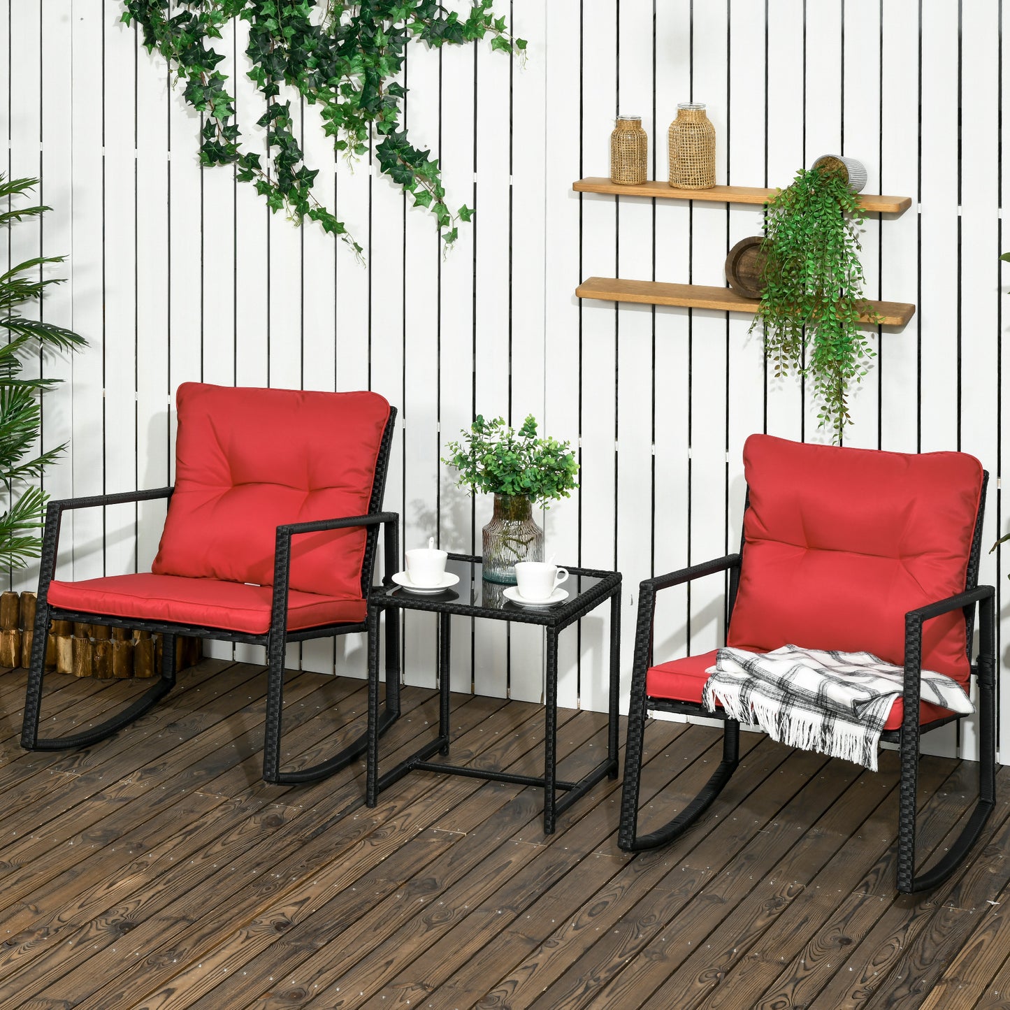 3 Pieces Rocking Bistro Set, Outdoor Wicker Patio Furniture with Glass Coffee Table and Outside Rocking Chairs for Porch, Conversation Sets with Thick Cushions, Red