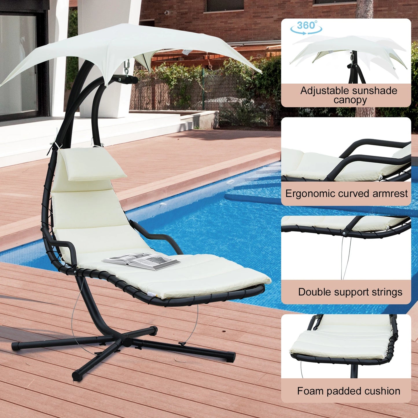 Outsunny Swing Chair Outdoor Hanging Hammock Chaise Lounge with Stand and Canopy Cream White