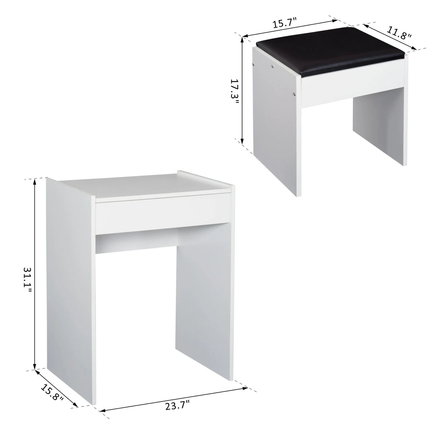 Mirrored Vanity Set Dressing Table and Stool Set Makeup Desk with Flip Top Bedroom Furniture White