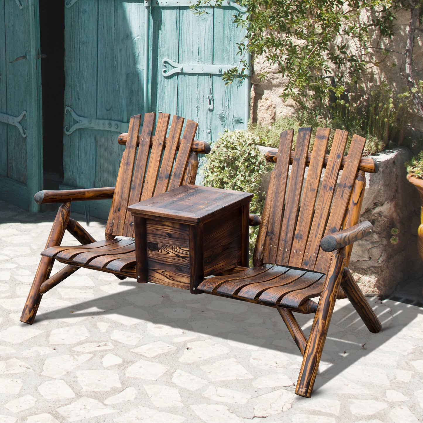 Outsunny 64" Wooden Double Garden Bench, 2-Seater Adirondack Loveseat with Ice Bucket for Yard, Lawn, Porch, Patio, Rustic Brown