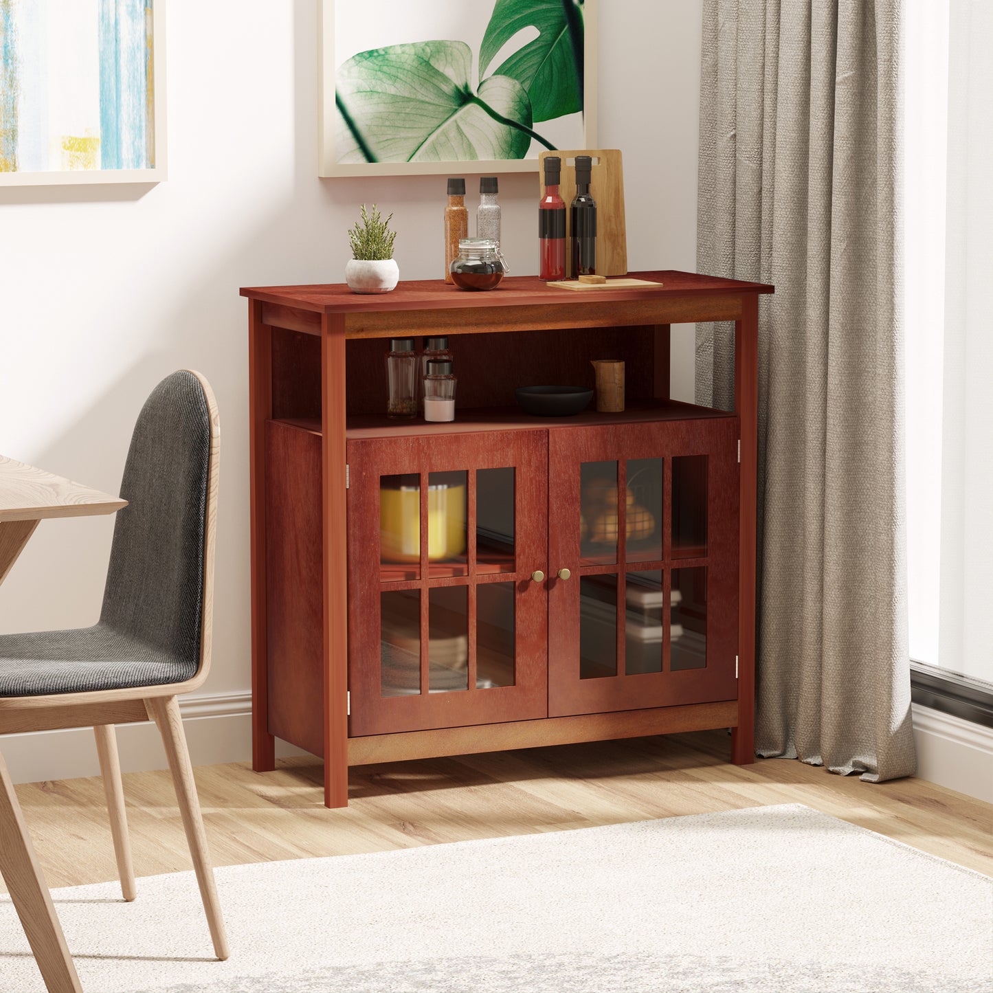 Kitchen Sideboard Glass Door Storage Cabinet with Adjustable Shelf for Dining, Living Room, Wine Red