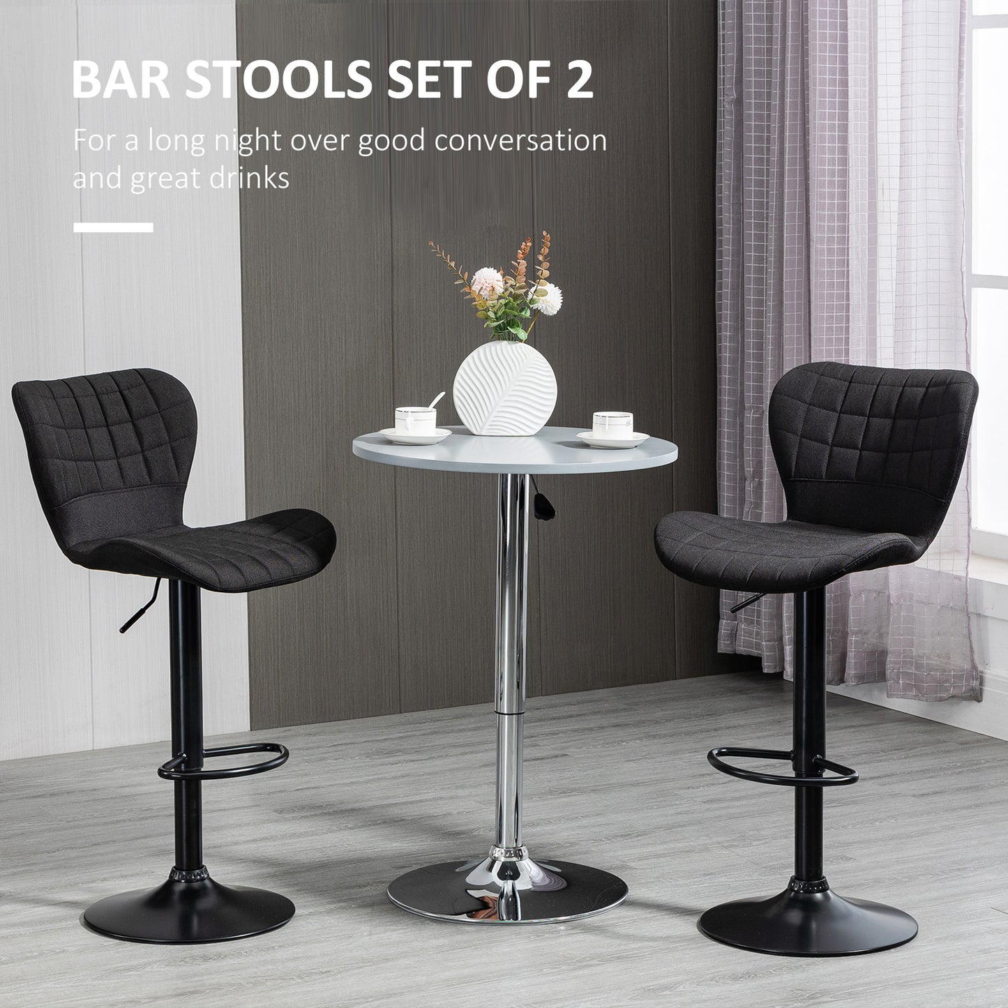 Bar Stools Set of 2 Adjustable Height Swivel Bar Chairs in Linen Fabric with Backrest & Footrest, Black