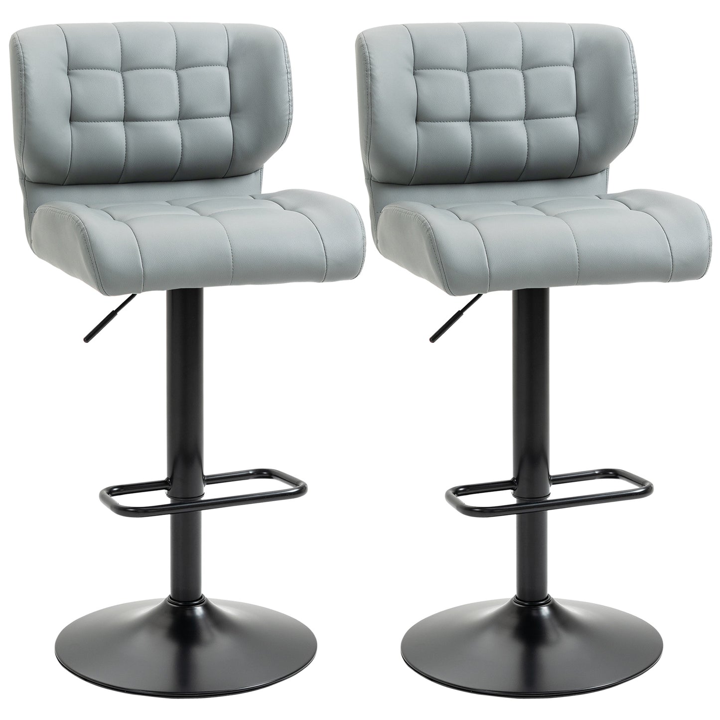 Adjustable Bar Stools Set of 2, Swivel Tufted PU Leather Barstools with Footrest and Back, for Kitchen Counter and Dining Room, Grey