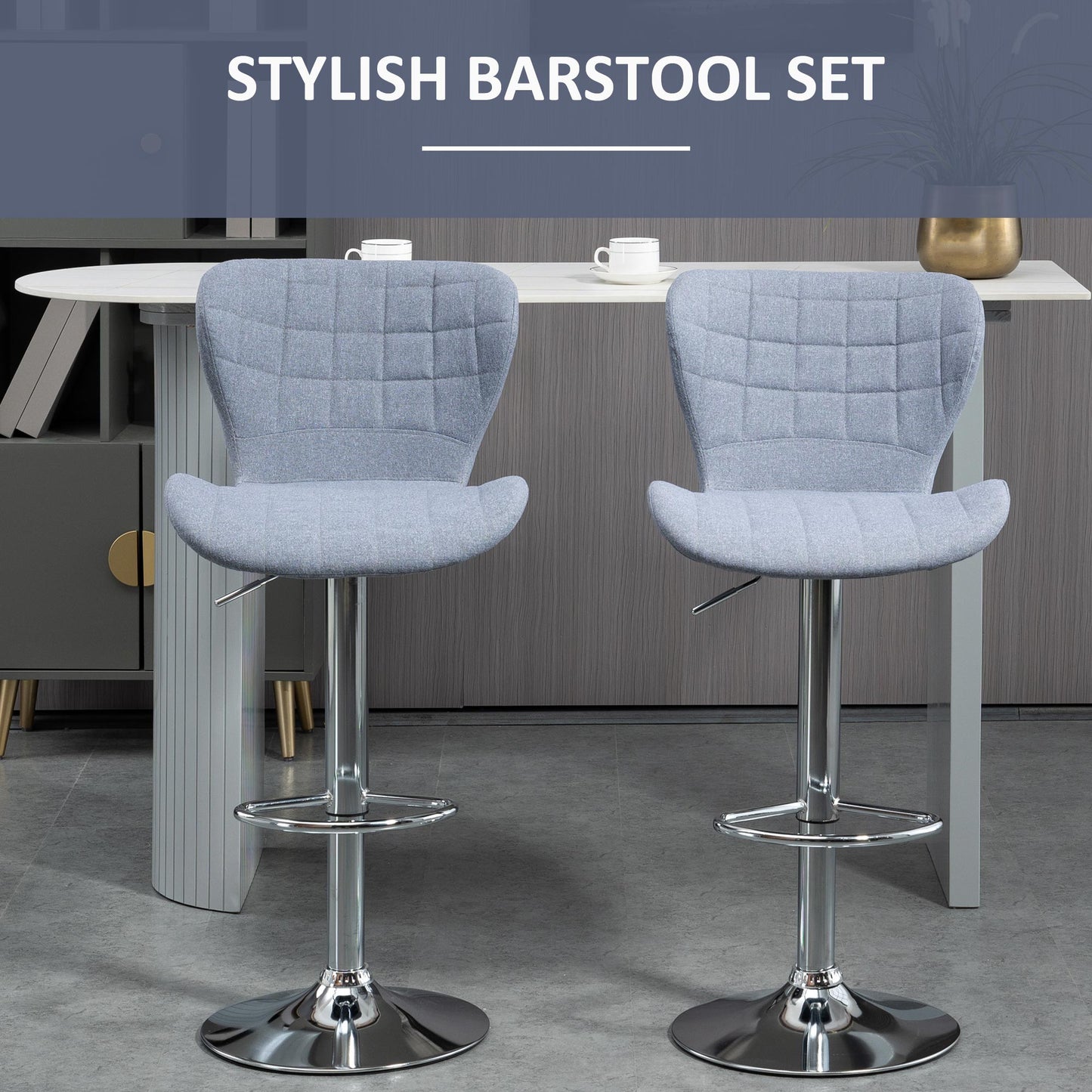 Set of 2 Counter Height Bar Stools Swivel Stool Height Adjustable Bar Chairs with Footrest for Kitchen Dining Home Pub, Grey