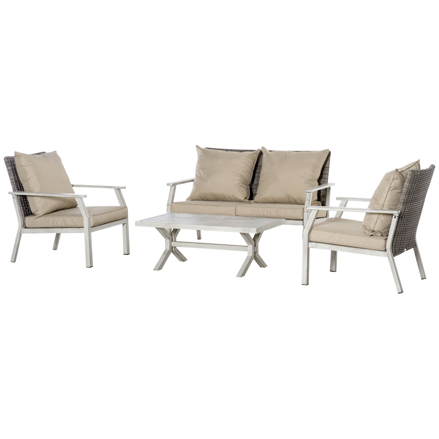 Outsunny 4 Pieces Patio Wicker Sofa Set, Outdoor PE Rattan Aluminum Frame Conservatory Furniture, Lawn Coffee Table w/ Cushions for Backyard, Garden, Patio, Beige