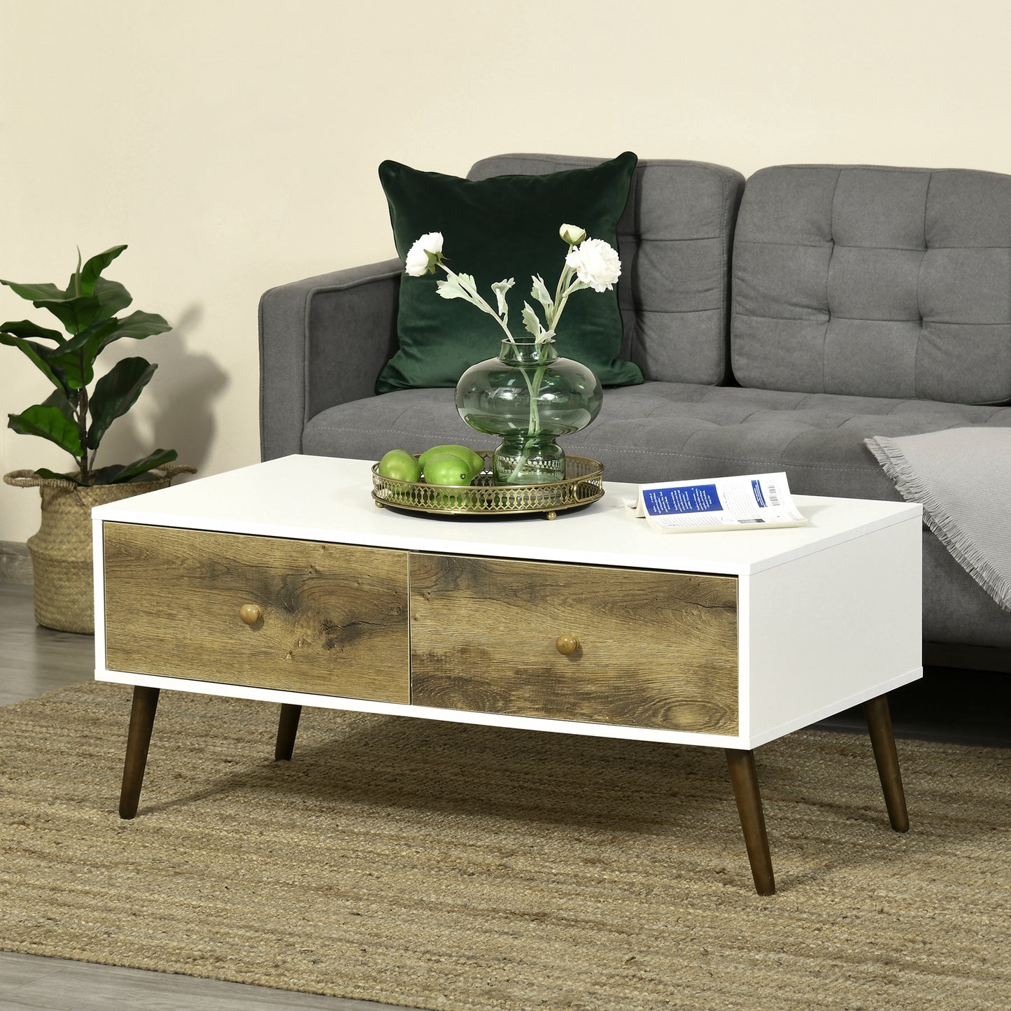 Coffee Table with 4 Drawers for Living Room, Cocktail Table, Center Table for Living Room, Natural