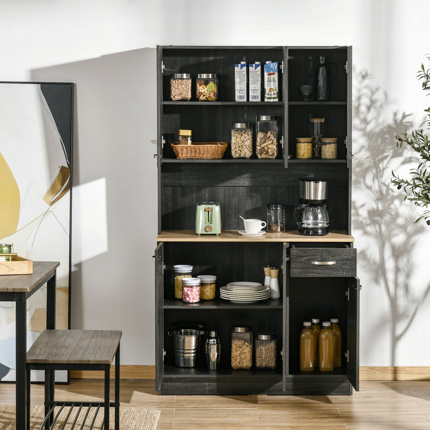 71" Modern Buffet with Hutch, Standing Kitchen Hutch with Storage Cabinets, Drawer, Open Space with Microwave Stand, Black