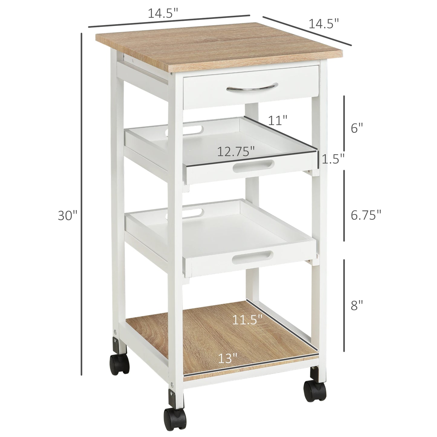 4-Tier Kitchen Cart Serving Trolley with Drawer, Pull Out Trays, Rolling Wheels for Dining Living Room, White
